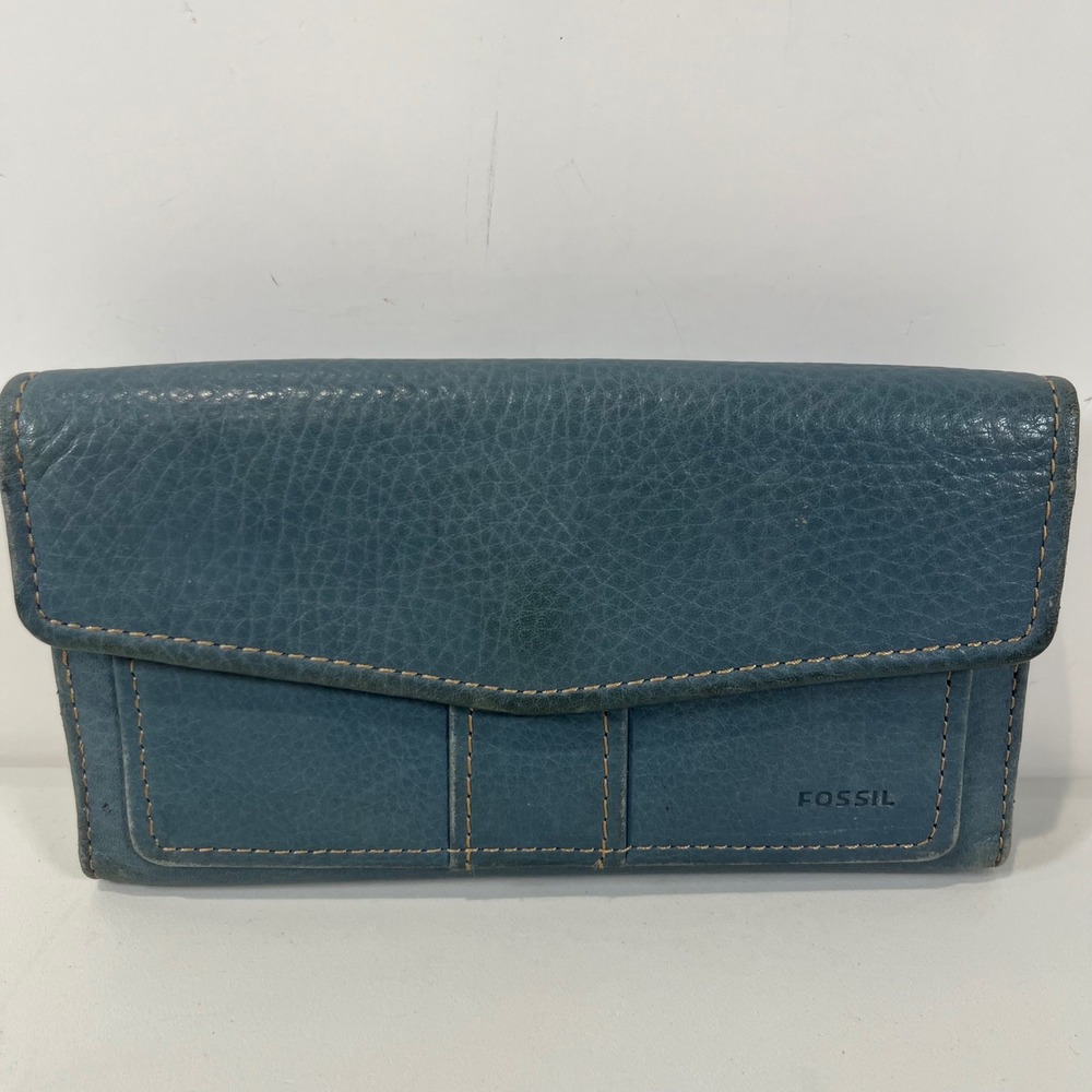 Vtg Fossil Trifold Wallet Blue Leather Pebbled Envelope Classic Everyday Boho